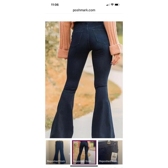 Flying Monkey High Rise Flare Jeans 26x34 Dark Blue Stretch Denim Raw Frayed Hem - Picture 4 of 8